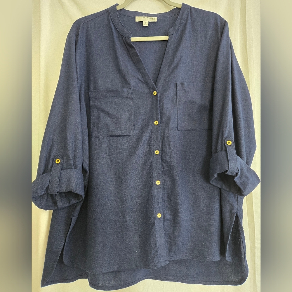 Anne Klein Navy Linen Button-Down Shirt
